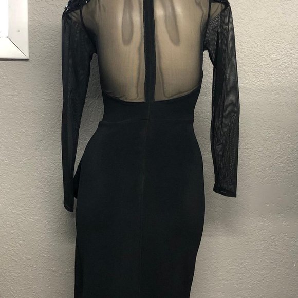 Vintage 90s Illusion Lace Wrap Lycra Cocktail Dress, 90s Sequin Net Bodycon Gown - Picture 5 of 6